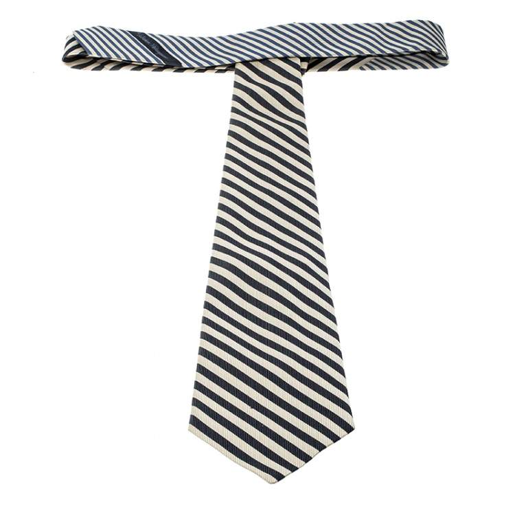 Pre Owned Salvatore Ferragamo Vintage Beige and Blue Diagonal Striped Silk Tie