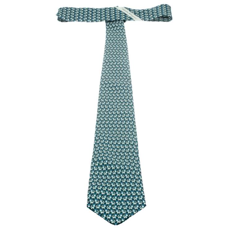 Pre Owned Salvatore Ferragamo Green Cat and Mouse Printed Silk Traditional Tie