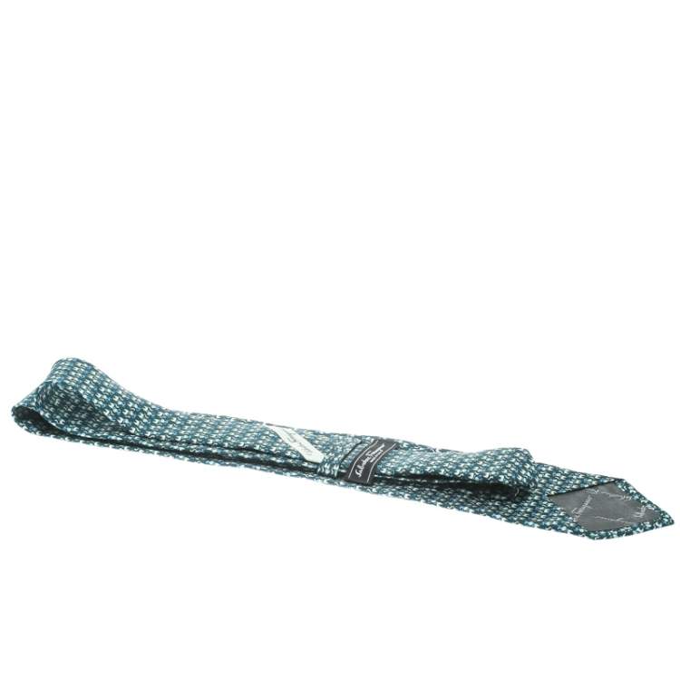 Pre Owned Salvatore Ferragamo Green Cat and Mouse Printed Silk Traditional Tie