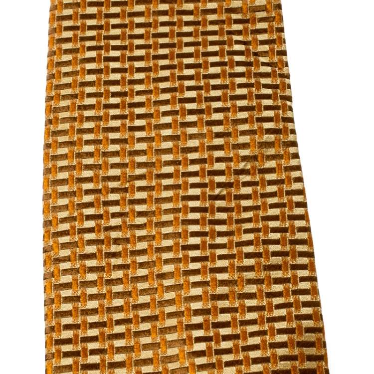 Pre Owned Salvatore Ferragamo Vintage Mustard Textured Silk Jacquard Tie
