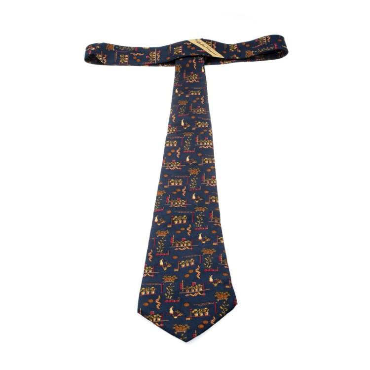 Pre Owned Salvatore Ferragamo Navy Blue Pineapple and Flower Pot Print Silk Tie