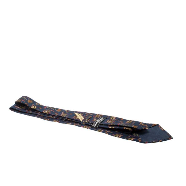 Pre Owned Salvatore Ferragamo Navy Blue Pineapple and Flower Pot Print Silk Tie