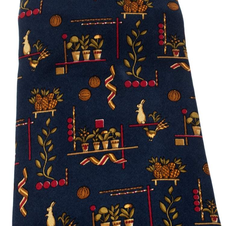 Pre Owned Salvatore Ferragamo Navy Blue Pineapple and Flower Pot Print Silk Tie