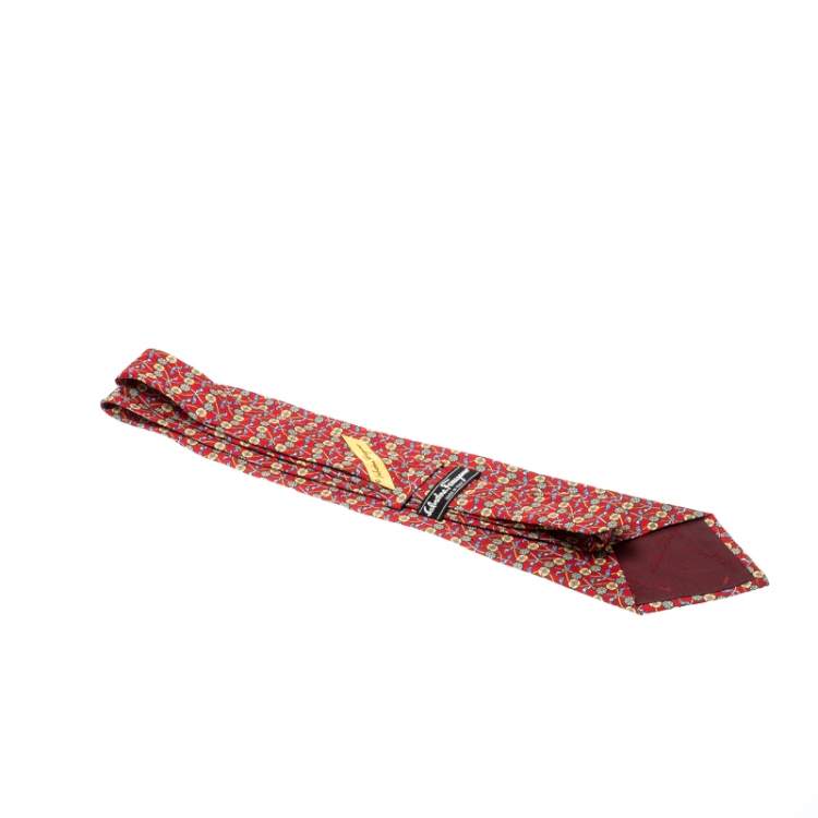 Pre Owned Salvatore Ferragamo Red Silk Geometric Floral Print Tie