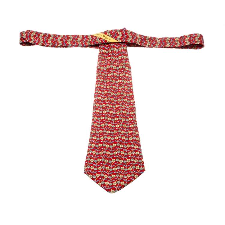 Pre Owned Salvatore Ferragamo Red Silk Geometric Floral Print Tie