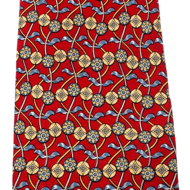 Pre Owned Salvatore Ferragamo Red Silk Geometric Floral Print Tie
