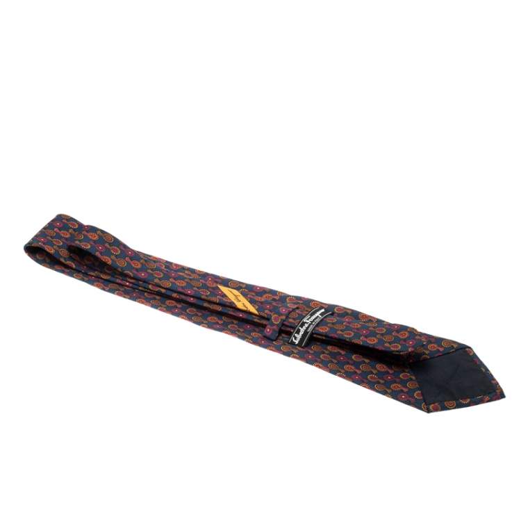 Pre Owned Salvatore Ferragamo Navy Blue Silk Prize Ribbon Print Tie 