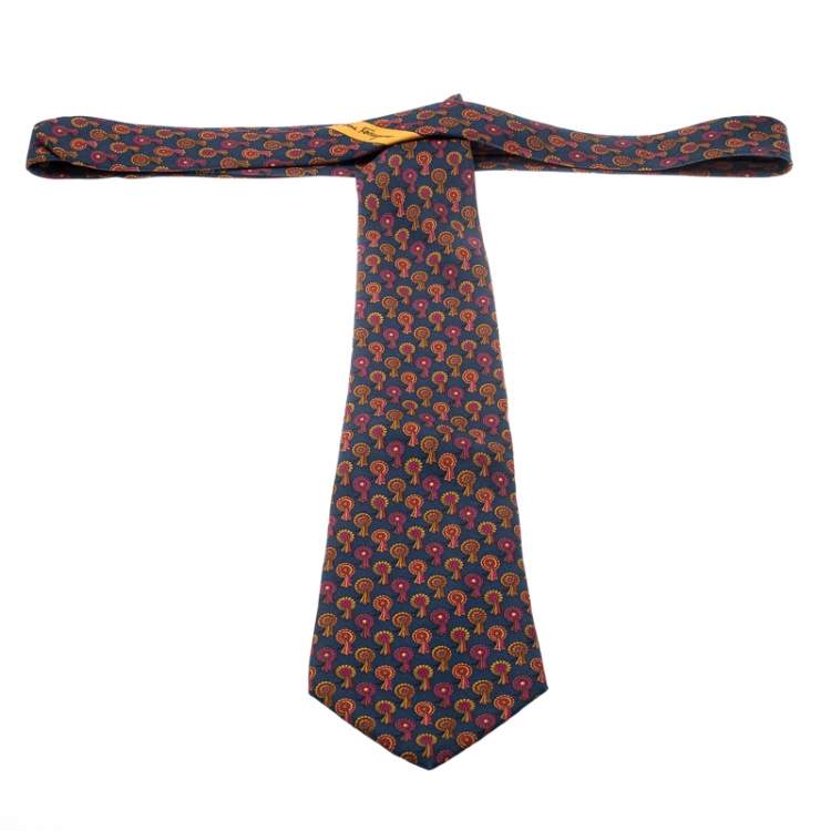 Pre Owned Salvatore Ferragamo Navy Blue Silk Prize Ribbon Print Tie 