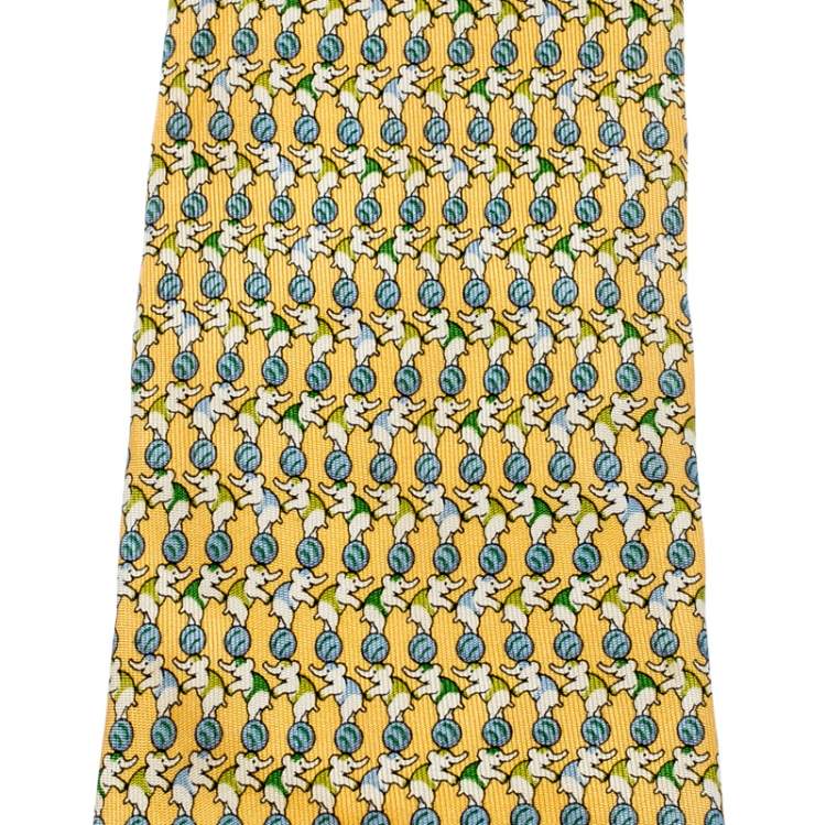 Pre Owned Salvatore Ferragamo Yellow Elephant Circus Print Silk Tie
