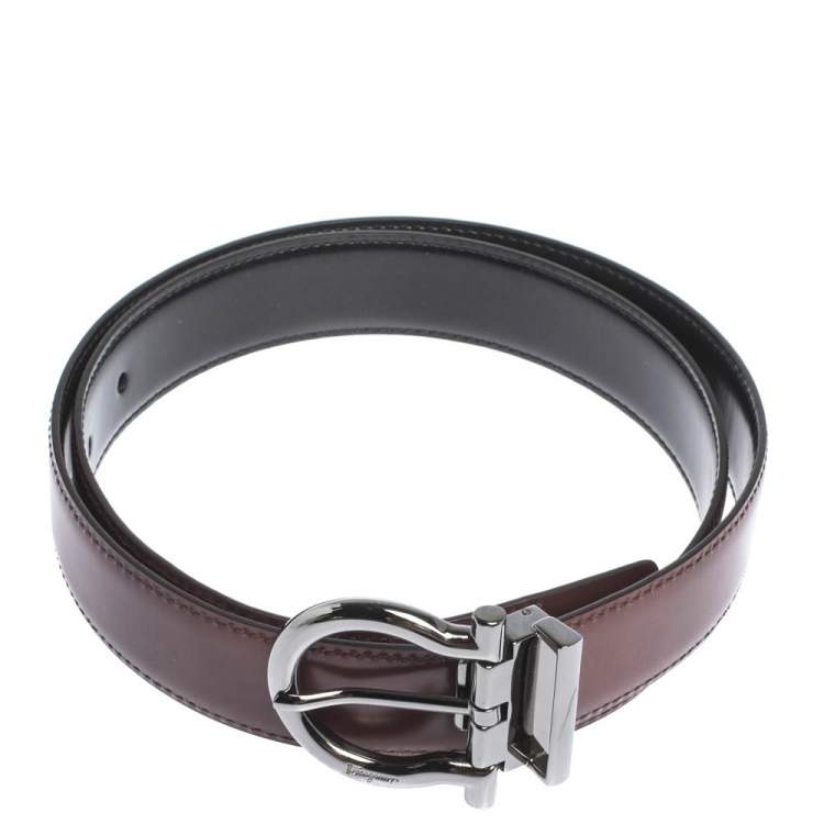 Pre Owned Salvatore Ferragamo Maroon Leather Gancio Buckle Belt 95CM