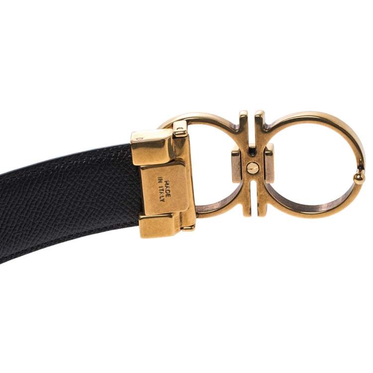 Pre Owned Salvatore Ferragamo Dark Brown Grained Leather Double Gancio Buckle Belt 110CM