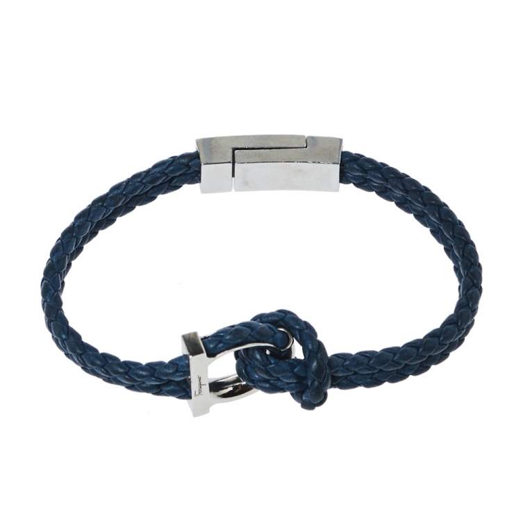 Pre Owned Salvatore Ferragamo Braided Leather Gancini Silver Tone Double Strand Bracelet