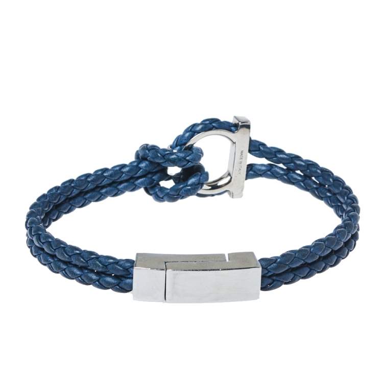 Pre Owned Salvatore Ferragamo Braided Leather Gancini Silver Tone Double Strand Bracelet