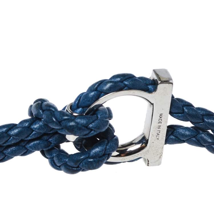 Pre Owned Salvatore Ferragamo Braided Leather Gancini Silver Tone Double Strand Bracelet