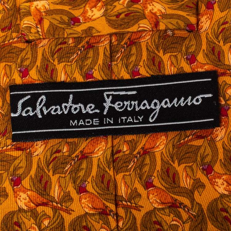 Pre Owned Salvatore Ferragamo Orange Bird printed Silk Tie
