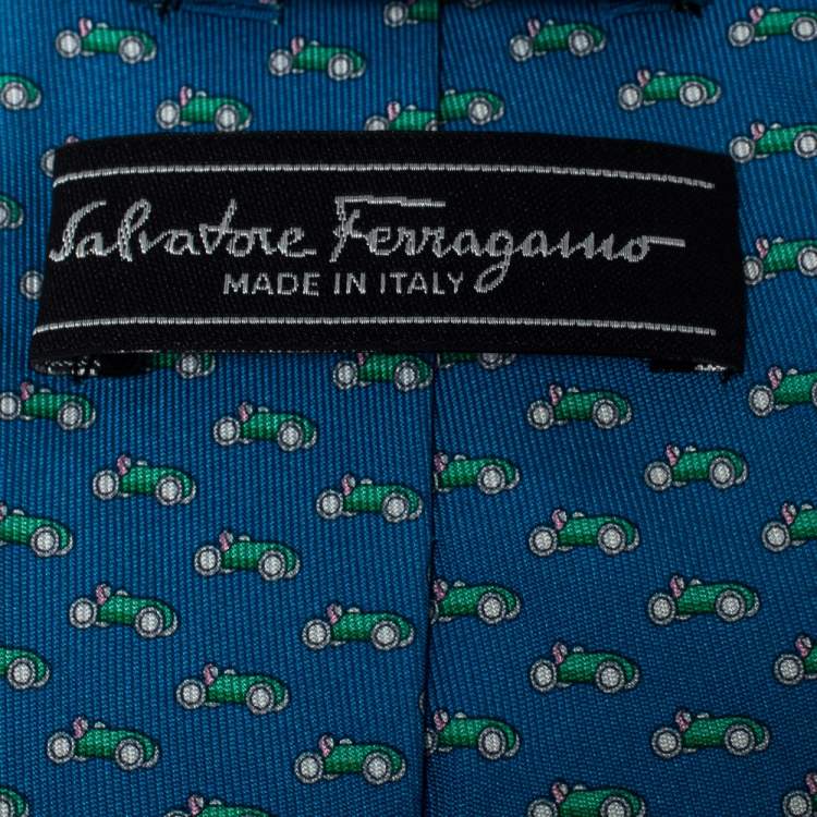 Pre Owned Salvatore Ferragamo Blue Car Print Silk Tie