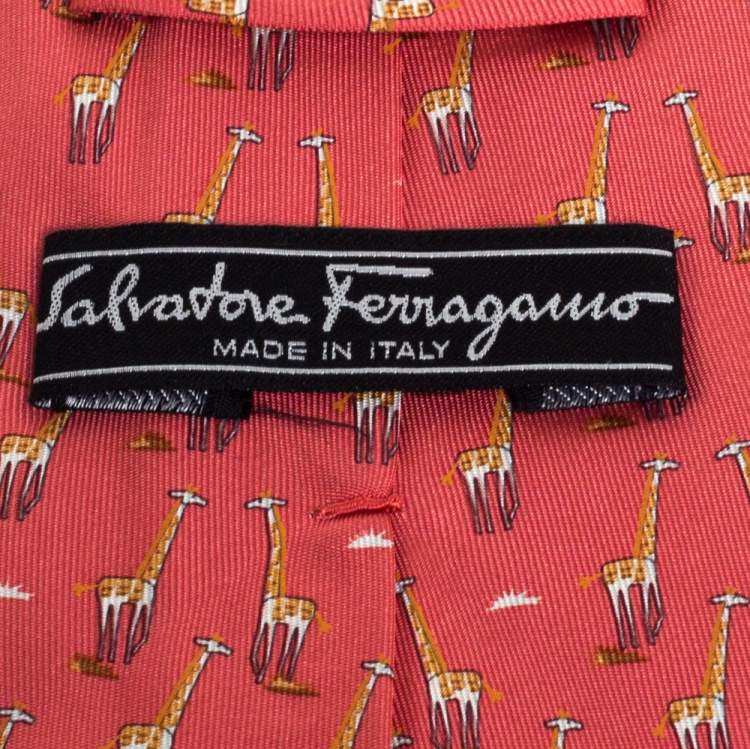 Pre Owned Salvatore Ferragamo Salmon Pink Giraffe Print Silk Tie