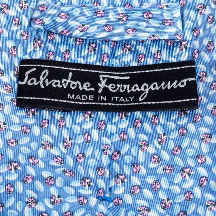 Pre Owned Salvatore Ferragamo Pale Blue Ladybug Print Silk Tie