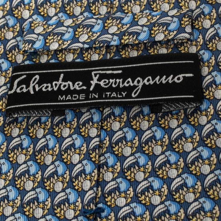 Pre Owned Salvatore Ferragamo Blue Toucan Print Silk Traditional Tie