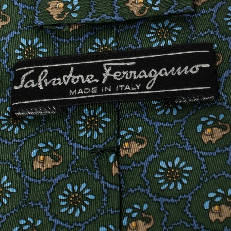 Pre Owned Salvatore Ferragamo Green Elephant Floral Print Silk Tie