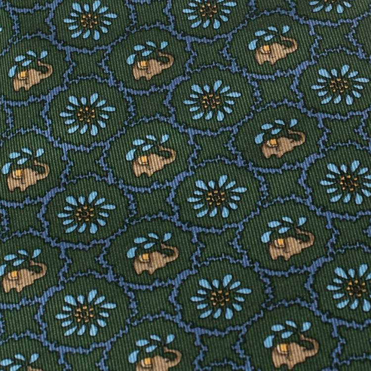 Pre Owned Salvatore Ferragamo Green Elephant Floral Print Silk Tie