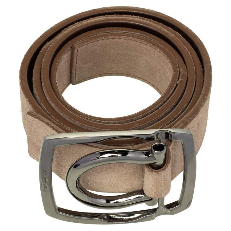 Pre Owned Salvatore Ferragamo Brown Suede and Leather Gancini Buckle Belt 115CM O/S