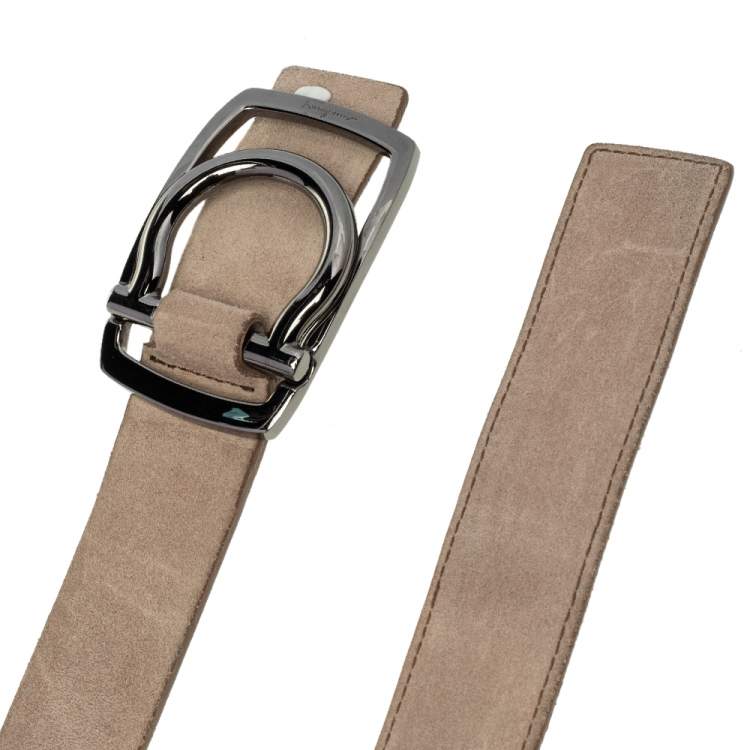 Pre Owned Salvatore Ferragamo Brown Suede and Leather Gancini Buckle Belt 115CM O/S
