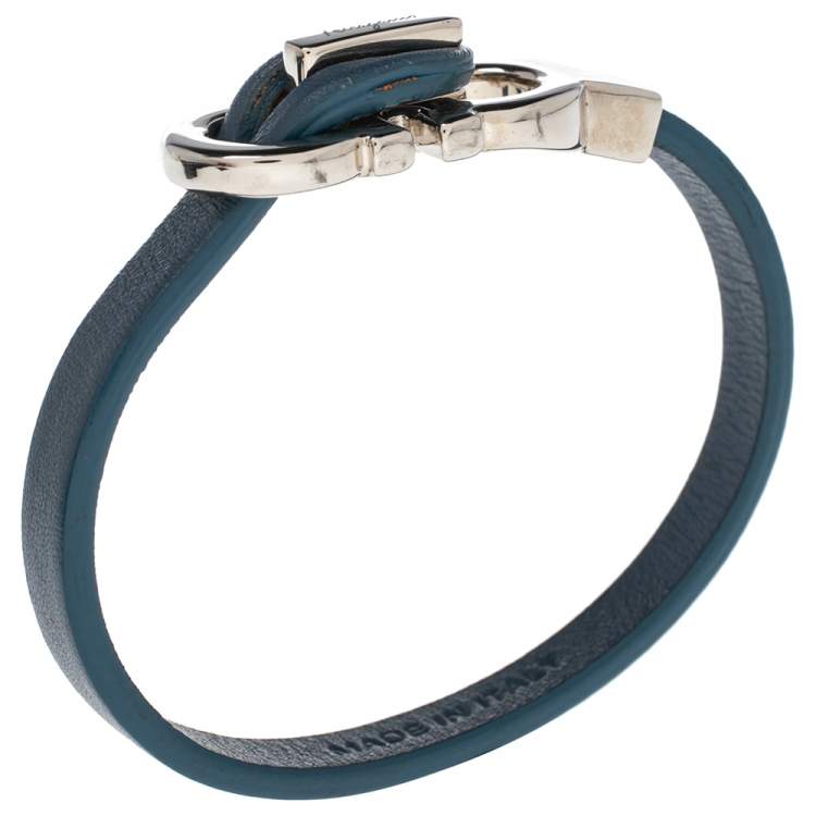 Pre Owned Salvatore Ferragamo Blue Leather Gancini Clasp Bracelet