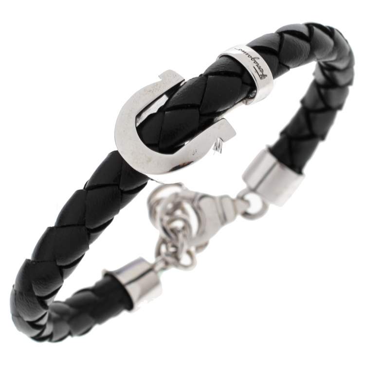 Pre Owned Salvatore Ferragamo Black Braided Leather Gancio Bracelet