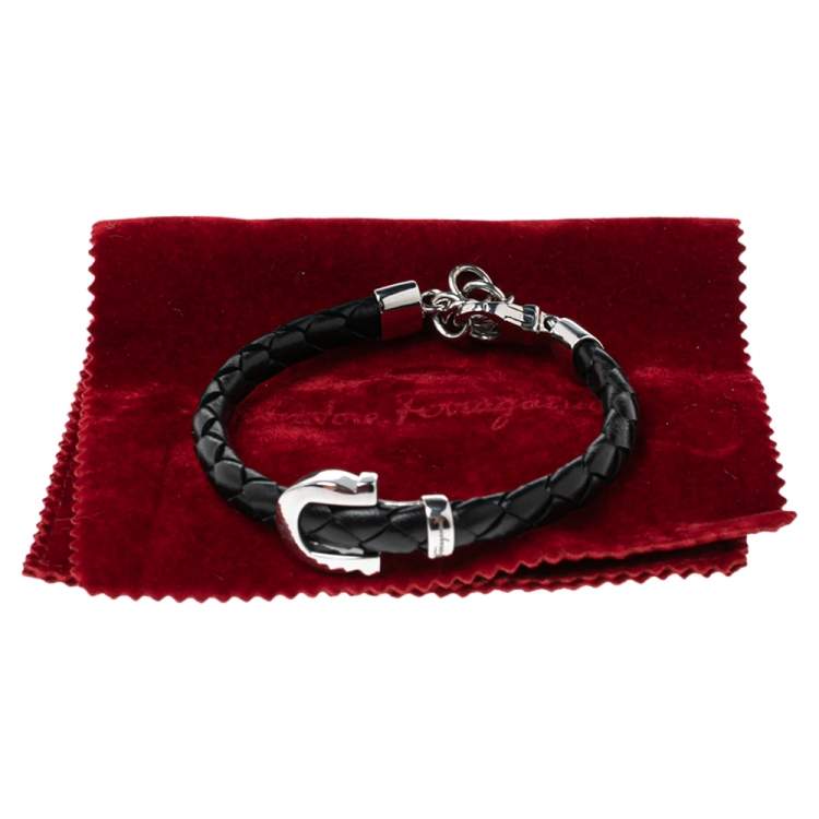 Pre Owned Salvatore Ferragamo Black Braided Leather Gancio Bracelet