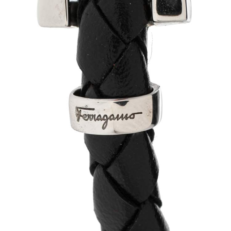Pre Owned Salvatore Ferragamo Black Braided Leather Gancio Bracelet
