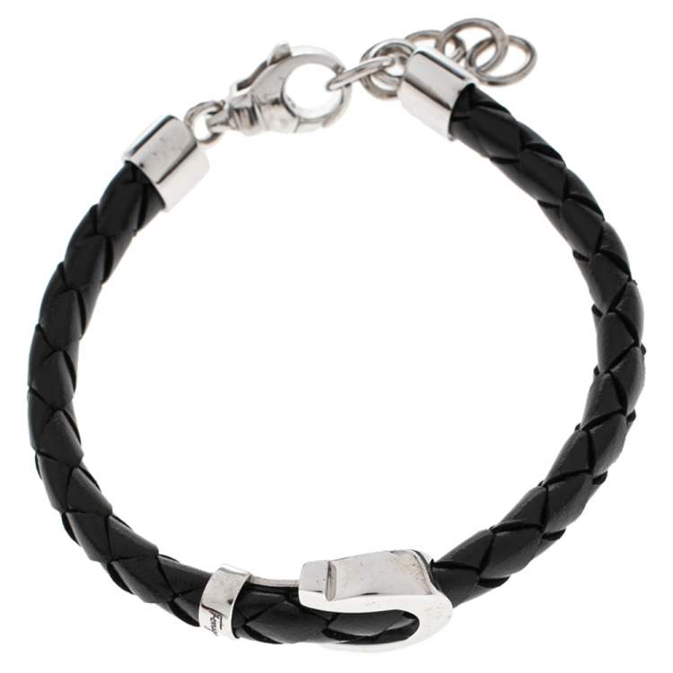 Pre Owned Salvatore Ferragamo Black Braided Leather Gancio Bracelet