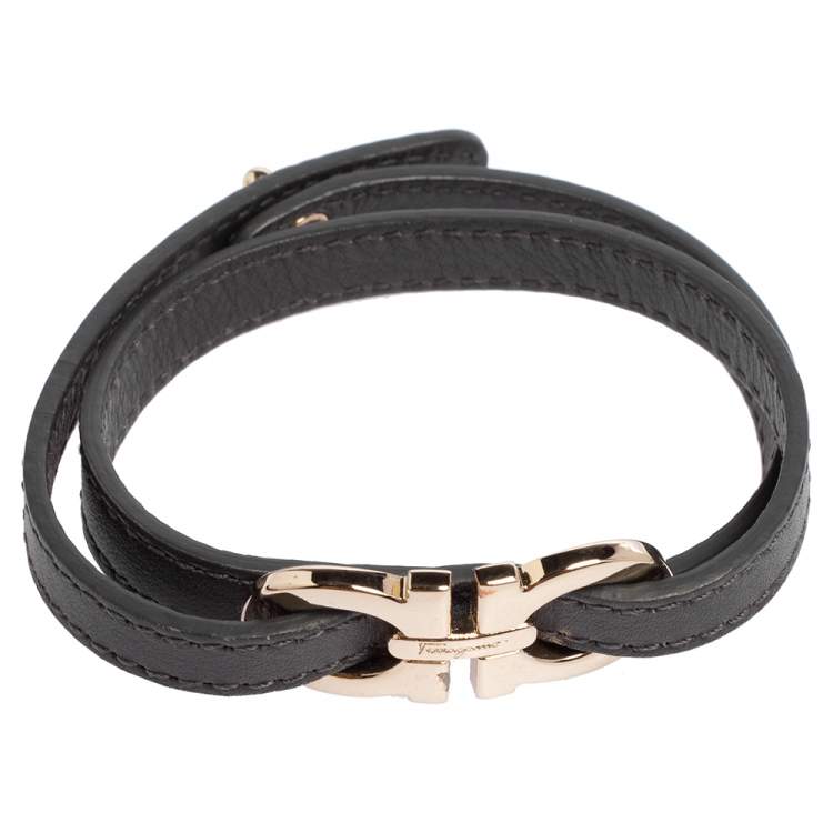 Pre Owned Salvatore Ferragamo Dark Grey Leather Gancini Double Wrap Bracelet