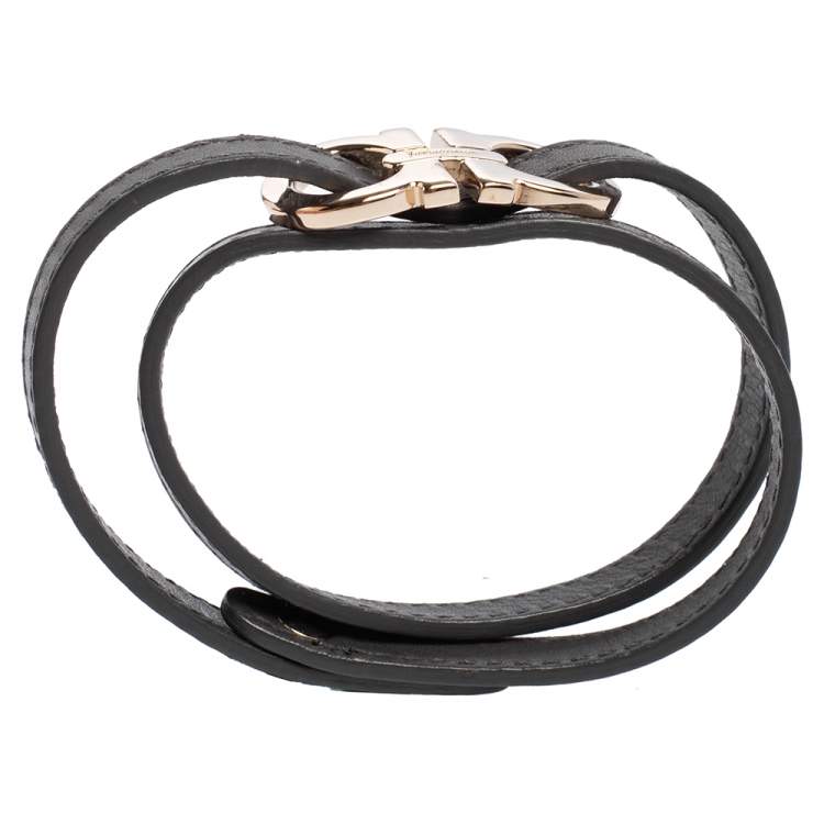 Pre Owned Salvatore Ferragamo Dark Grey Leather Gancini Double Wrap Bracelet