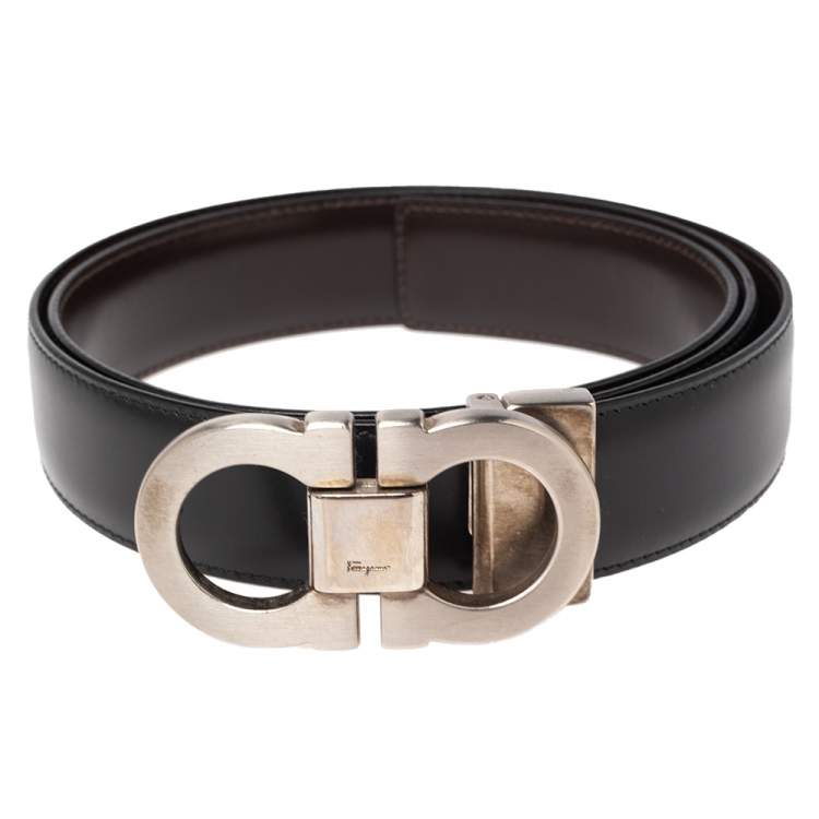 Pre Owned Salvatore Ferragamo Black/Brown Leather Gancini Buckle Reversible Belt 85CM
