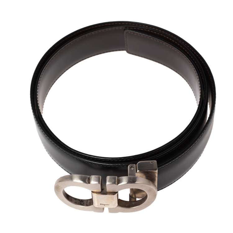 Pre Owned Salvatore Ferragamo Black/Brown Leather Gancini Buckle Reversible Belt 85CM