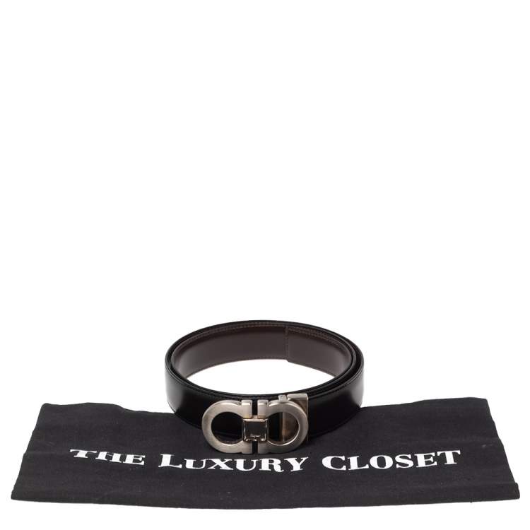 Pre Owned Salvatore Ferragamo Black/Brown Leather Gancini Buckle Reversible Belt 85CM