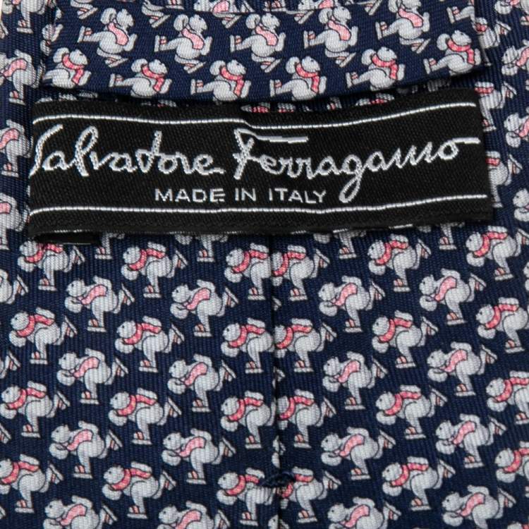 Pre Owned Salvatore Ferragamo Blue Skating Animal Print Silk Tie