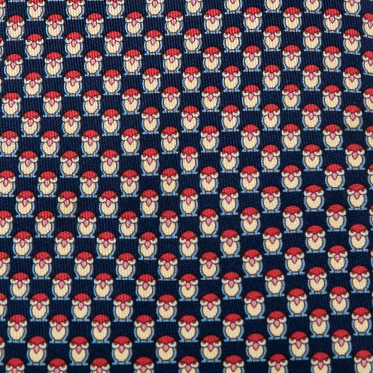 Pre Owned Salvatore Ferragamo Blue Owl Print Silk Tie