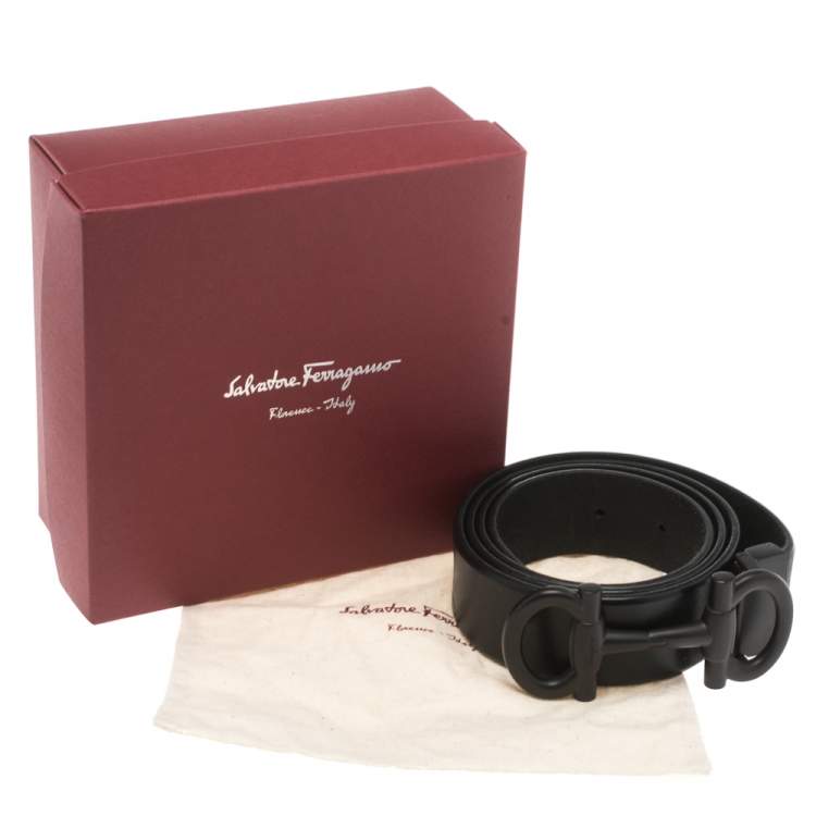 Pre Owned Salvatore Ferragamo Black Leather Double Gancini Parigi Buckle Belt 90cm