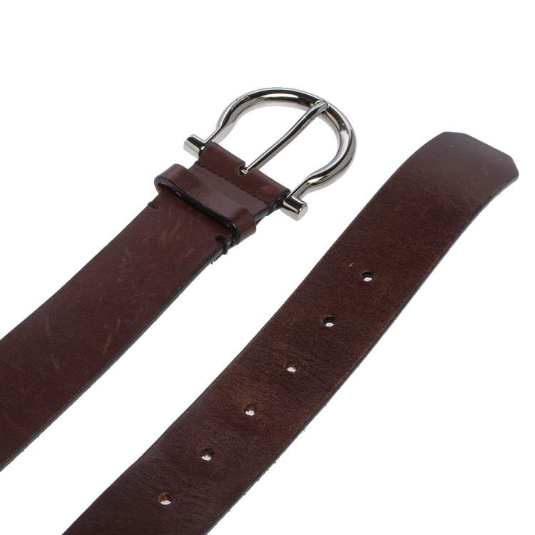 Pre Owned Salvatore Ferragamo Brown Leather Gancio Buckle Belt 100 CM