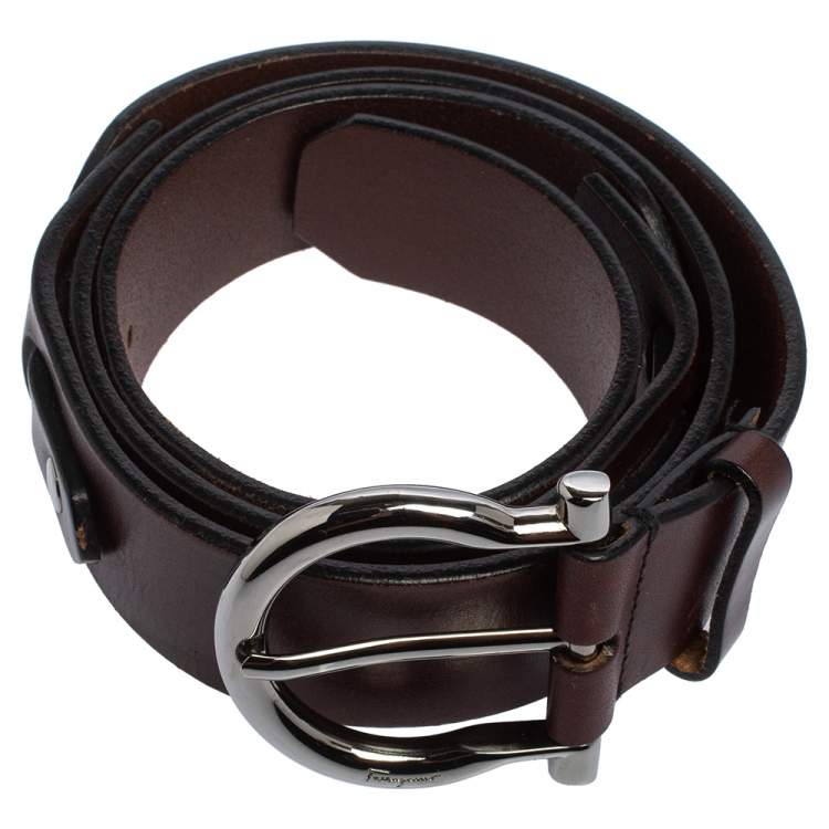 Pre Owned Salvatore Ferragamo Brown Leather Gancio Buckle Belt 100 CM