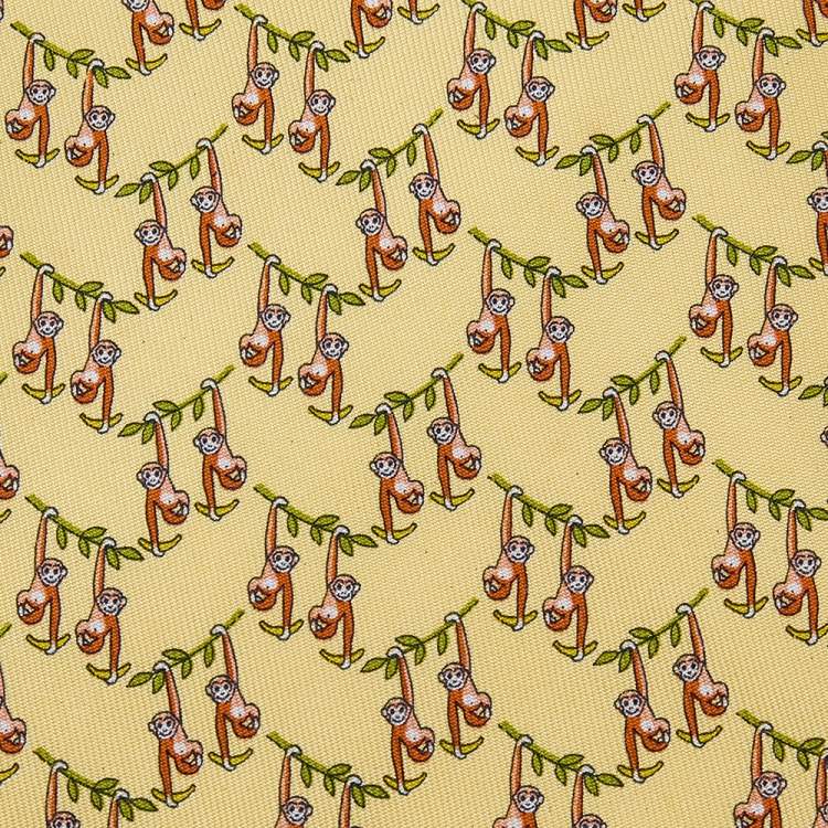 Pre Owned Salvatore Ferragamo Yellow Monkey Print Silk Tie
