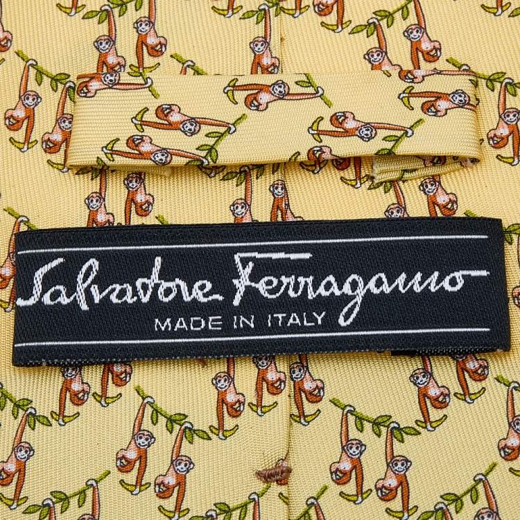 Pre Owned Salvatore Ferragamo Yellow Monkey Print Silk Tie