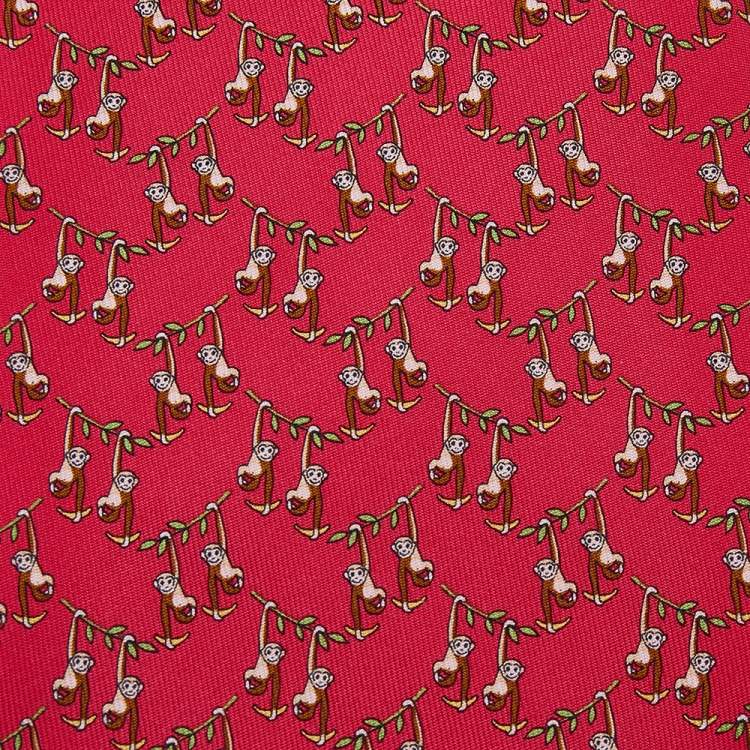 Pre Owned Salvatore Ferragamo Red Monkey Print Silk Tie