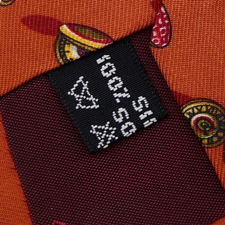 Pre Owned Salvatore Ferragamo Orange Hand Clock Print Silk Tie