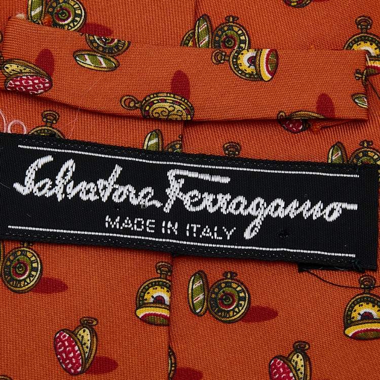 Pre Owned Salvatore Ferragamo Orange Hand Clock Print Silk Tie