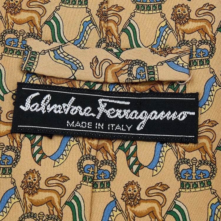 Pre Owned Salvatore Ferragamo Brown Lion Print Silk Tie