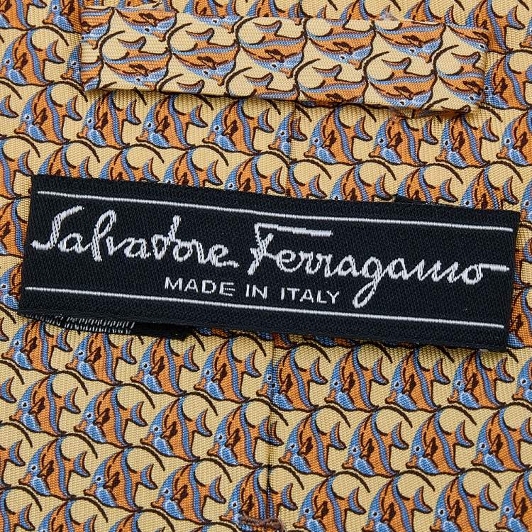 Pre Owned Salvatore Ferragamo Yellow Fish Print Silk Tie