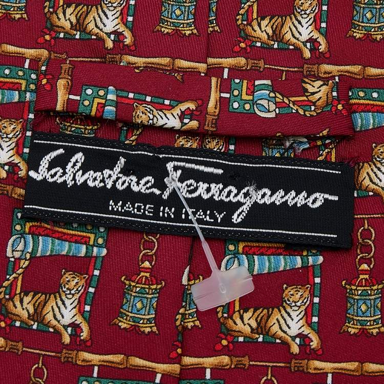 Pre Owned Salvatore Ferragamo Red Tiger Printed Silk Tie